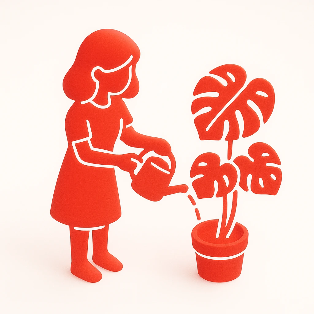 woman watering her monstera plant emoji