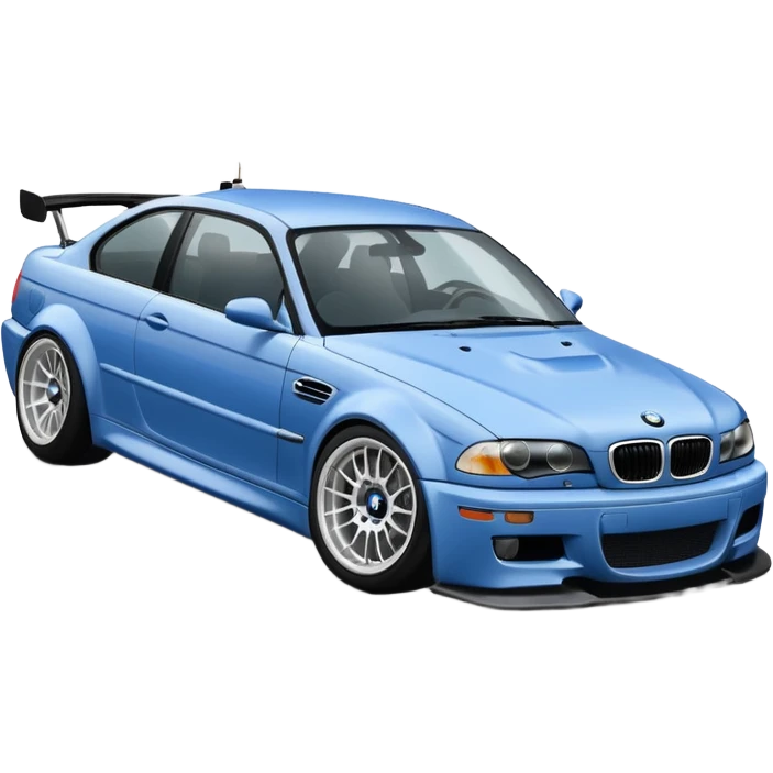 
A BMW M3 E46 is drifting through a corner, with a slight wisp of smoke coming from the rear and the wheels positioned at an angle relative to the turn. emoji