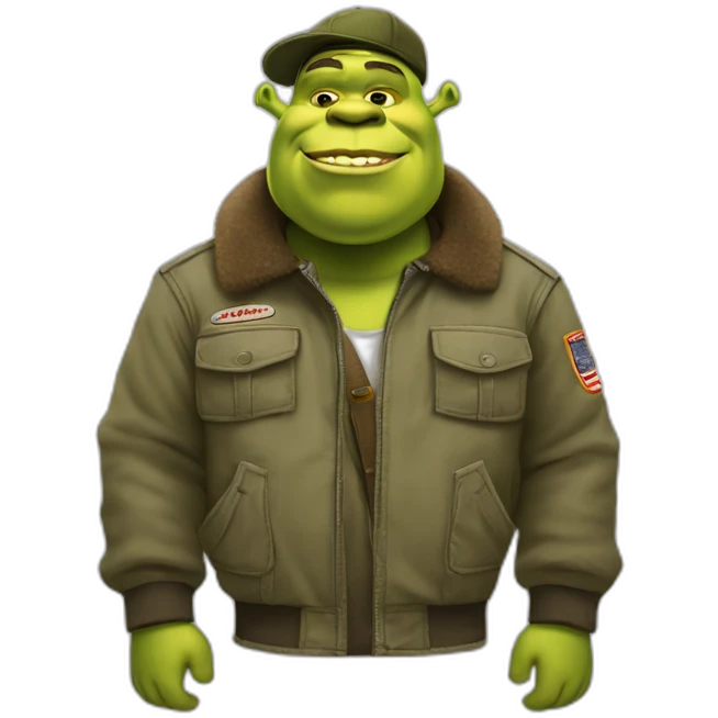 Shrek in cargo pants, bomber jacket and hat emoji