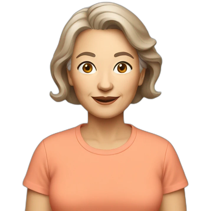 63 years old woman light brown hair with a salmon color T-shirt emoji