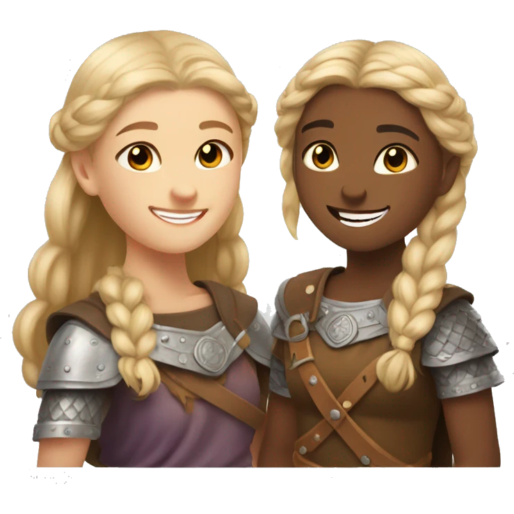 young caucasian viking girls helping each other smiling emoji