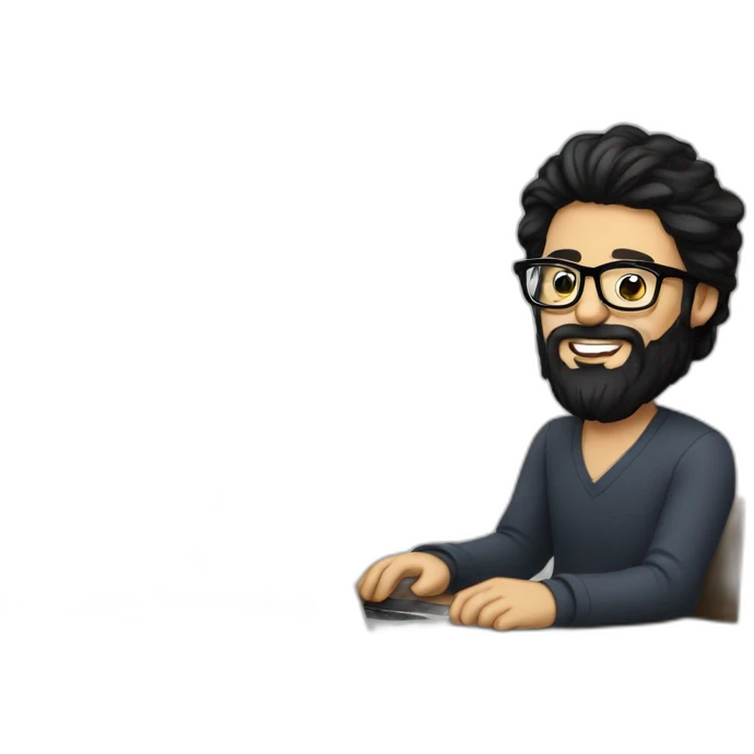 Designer with black hair, beard and glasses working with MacBook and drinking cappuccino  emoji