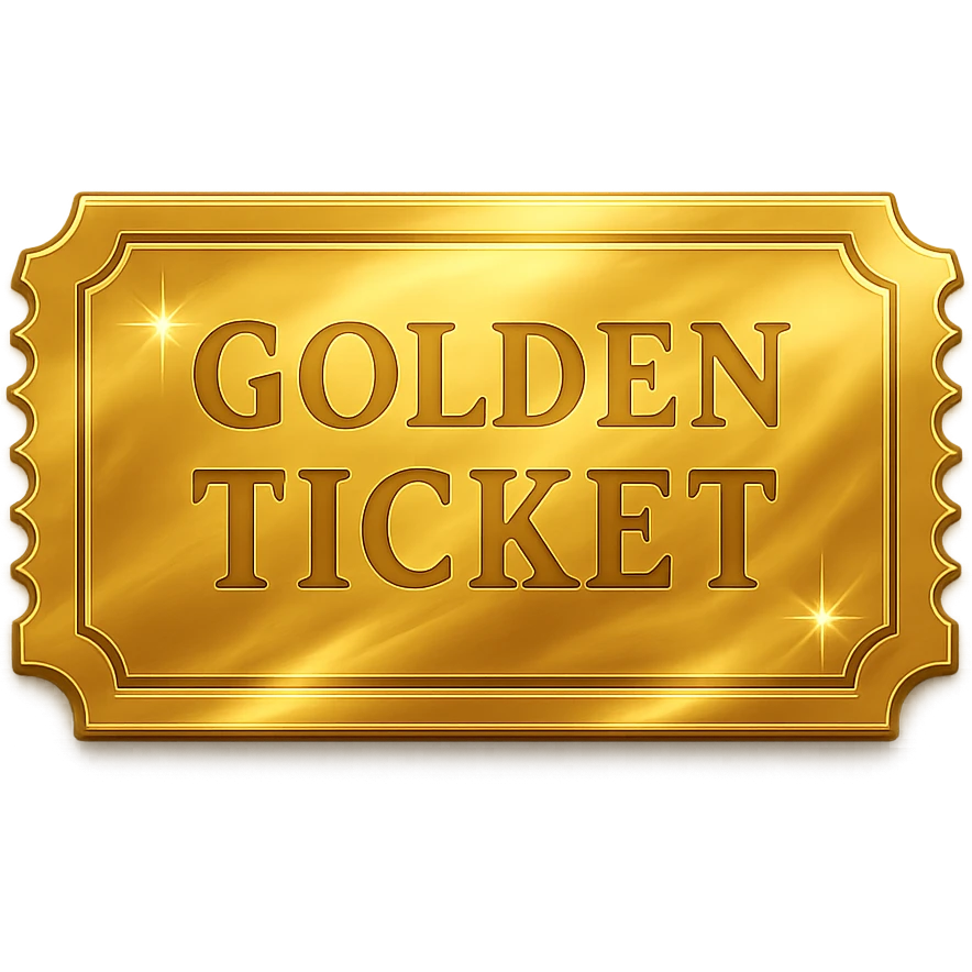 a shiny golden ticket, reflective and luxurious, glossy finish, embossed details, sparkles and shine emoji