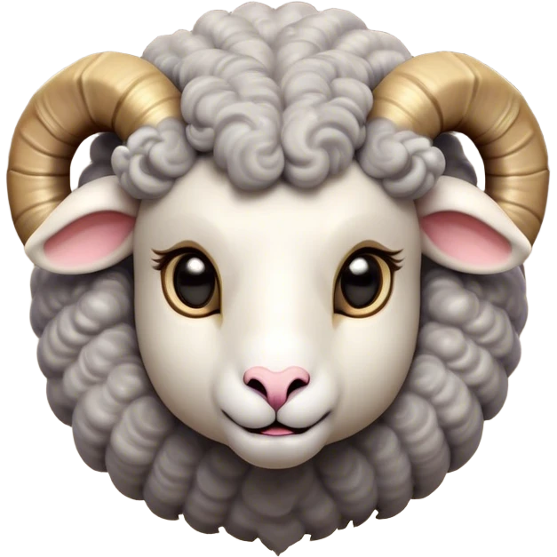 Cinematic Cute Ram Portrait Emoji, Head tilted playfully and inquisitively, featuring a dense, woolly grey fur with charming curled horns, round, sparkling dark eyes filled with curiosity, Simplified yet irresistibly adorable features, highly detailed, glowing with a warm, friendly glow, high shine, affectionate and spirited, stylized with a touch of rugged whimsy, bright and endearing, soft glowing outline, capturing the essence of a mischievous yet loving ram, so playful it feels like it could butt its way out of the screen and into your arms! emoji