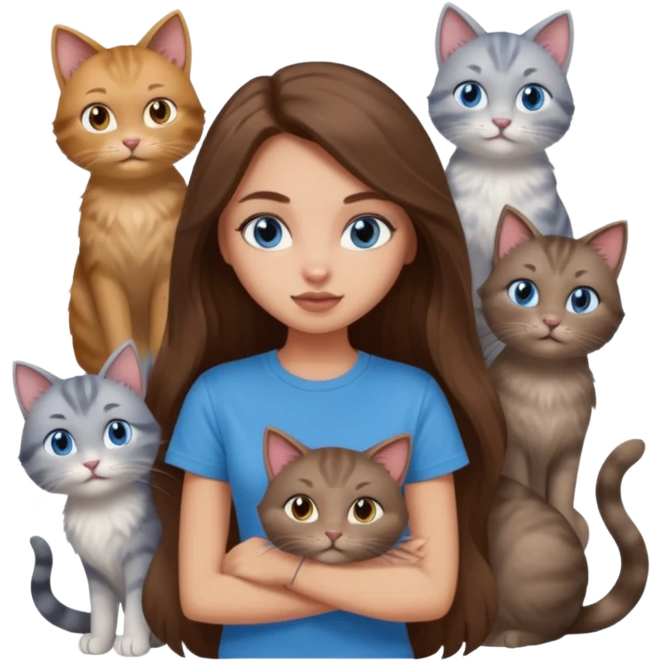 a pretty bratz dusky light skin girl with long brown hair, blue eyes with six cats nd wearing a grey tshirt emoji