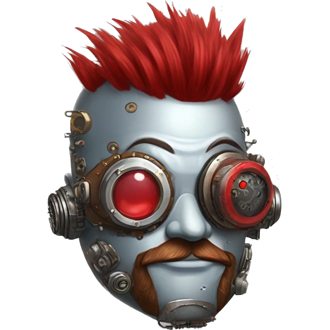 Round cyborg head with red Mohawk, red beard. silver steampunk monocle goggles a smile and circuits emoji