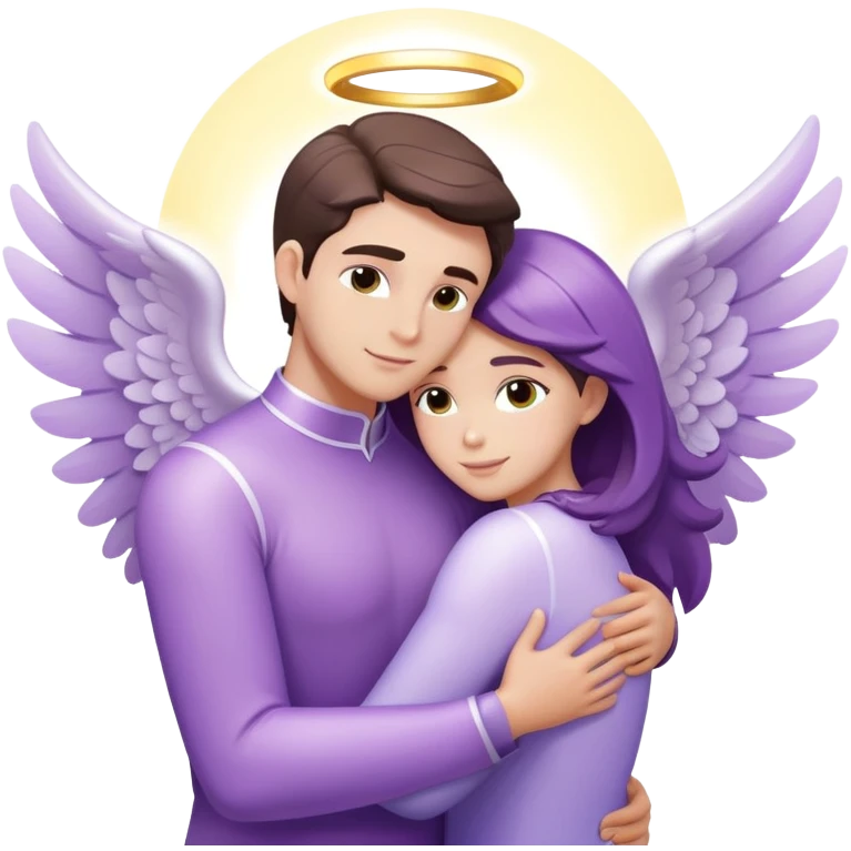 a pastel purple angel woman hugging White brunette man human rays of light emoji