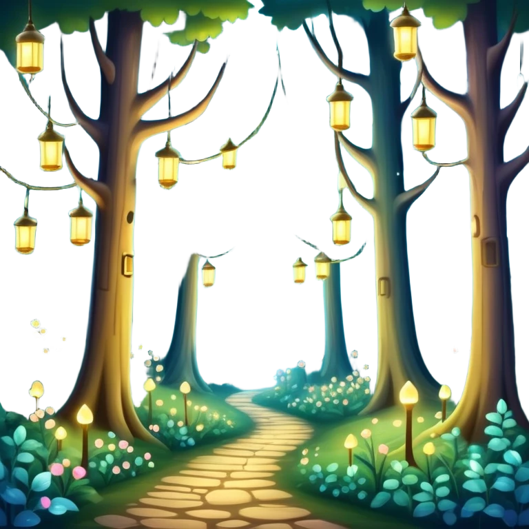 enchanted forest with tall trees, sparkling lights, whimsical atmosphere emoji