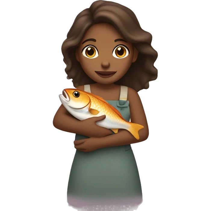 A brown girl holds a fish in her arms emoji