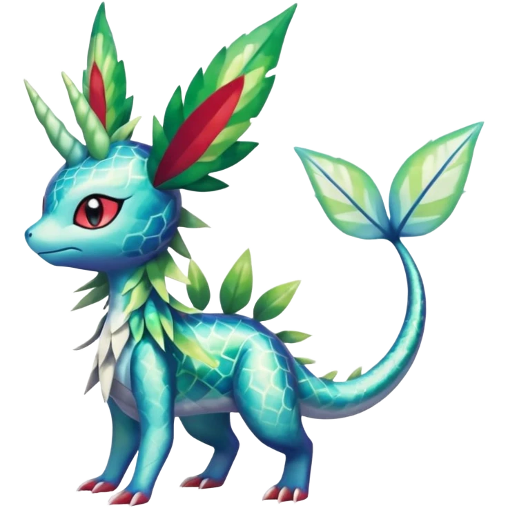Shiny Scaley Marked Patterned Colorful Tropical Shaymin-Vaporeon-Sceptile-Flygon-Meloetta-Pokémon-Fakémon-fusion, full body emoji