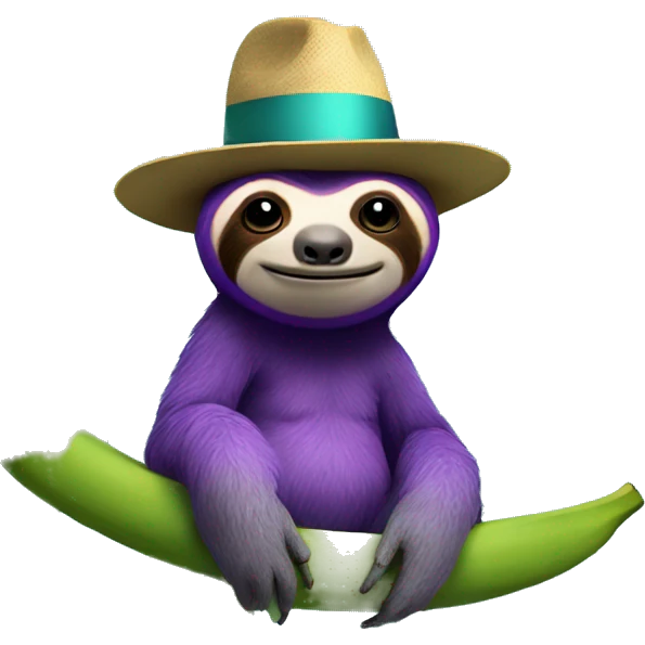 Purple sloth sitting on a banana tree wearing a bowler hat that is turquoise with an evil face  emoji