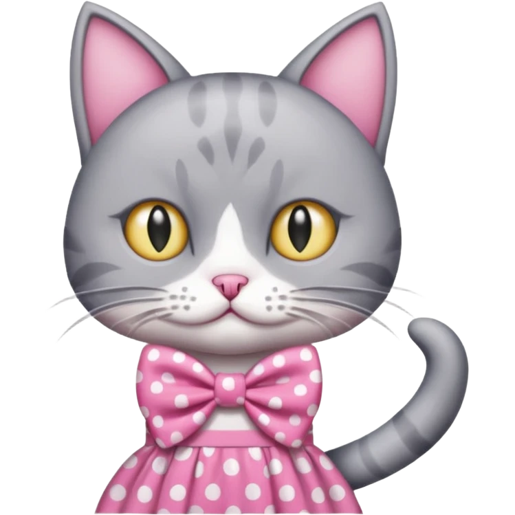 Evil Gray and white evil cat with a pink polka dot dress and with a pink polka dot bow emoji