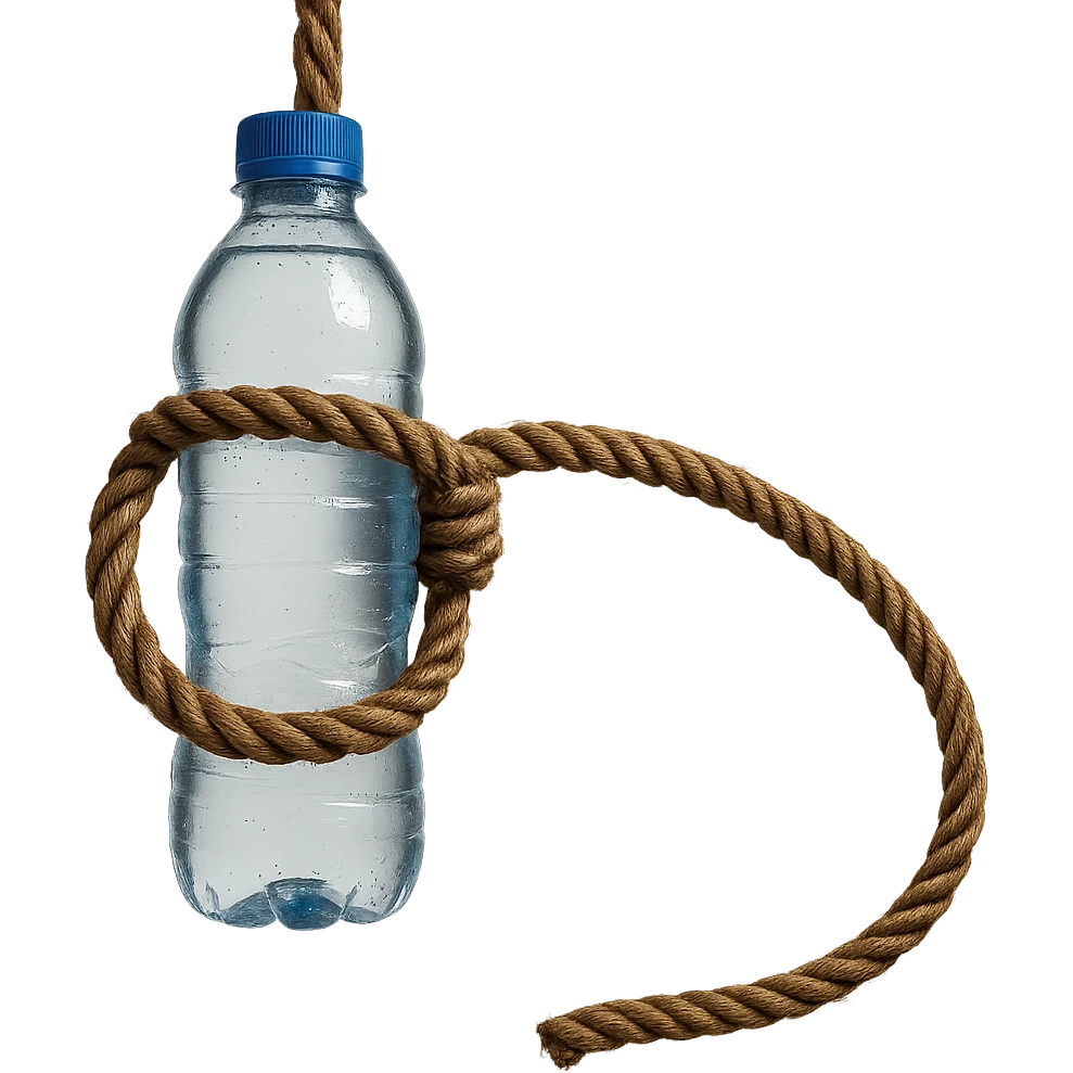 A long rope with a noose, water bottle inside the knot, no background, realistic style, natural details, symbolic atmosphere, photorealistic and detailed water bottle inside the knot of the rope. emoji