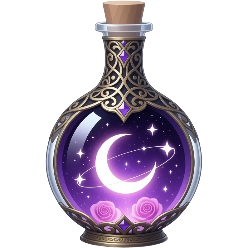 a starlit eleshynya vial, its glass cradling a living nebula of violet and rose light, a crescent moon drifting at its heart, stars shimmering in slow orbit, wrapped in ancient filigree metalwork, resting upon silver mist in an enchanted twilight grove emoji