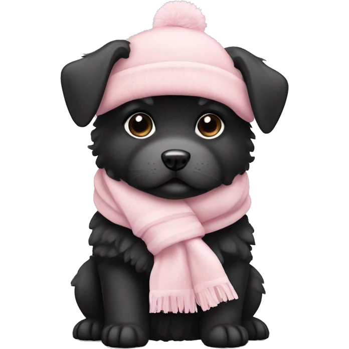 fluffy chubby black puppy with pale pink winter hat pale pink scarf emoji