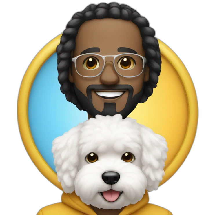 rapper-with hoop-white skin-black hair-beard-bichon dog-white-smile emoji