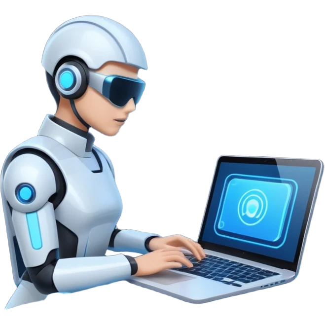 AI Agent looking at the laptop and scan a flow of content on the screen emoji