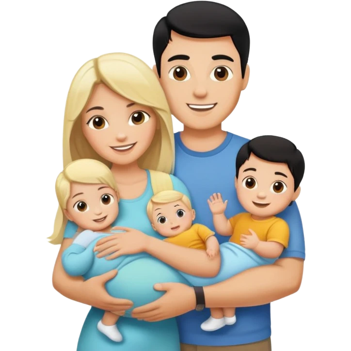 family with blond dad, brunette mom, blonde son, daughter with black hair, and a baby emoji