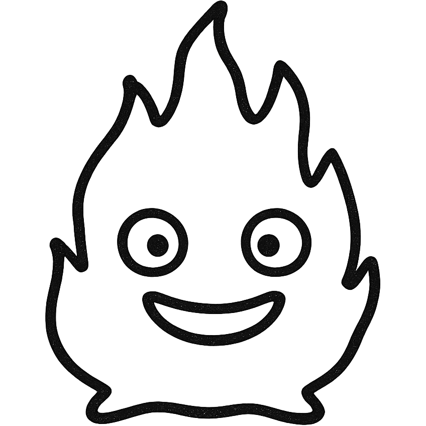 Simplify the design of Calcifer, make the face clear and expressive, use a transparent background, and ensure the flame shape is bold and recognizable even at small size, suitable for a Notion page emoji. emoji