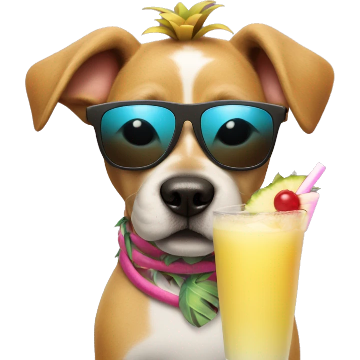 dog with sunglasses holding a pina colada with a 50 sign emoji