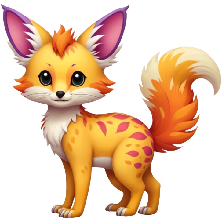 Feral Rare Fantasy vibrant colorful tropical cute, kawaii, cool, ed Vernid-Trico-species by LiLaiRa, random markings, tufted tail, tufted ears, full body, cheek markings emoji