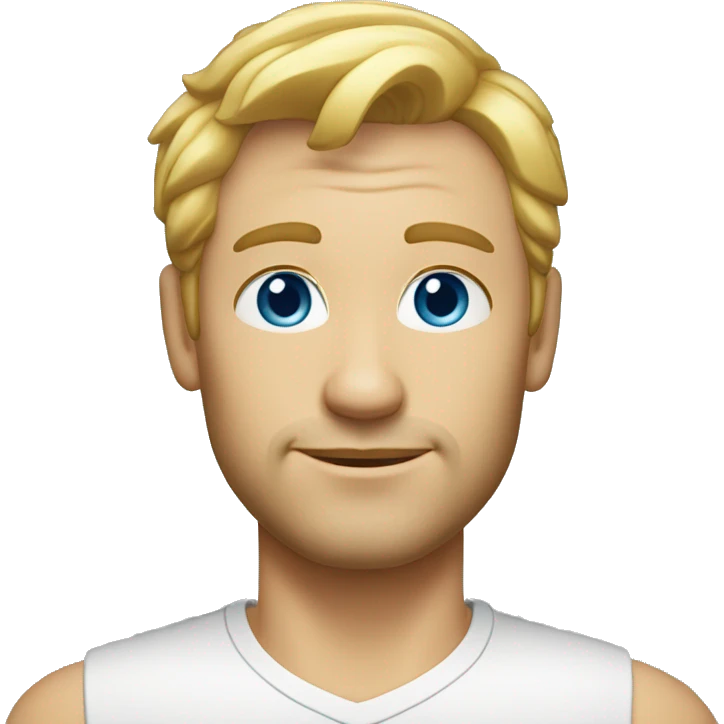 40-year-old man, professionally dressed without a tie, blonde with very short wavy hair, with an almost invisible beard and blue eyes. emoji