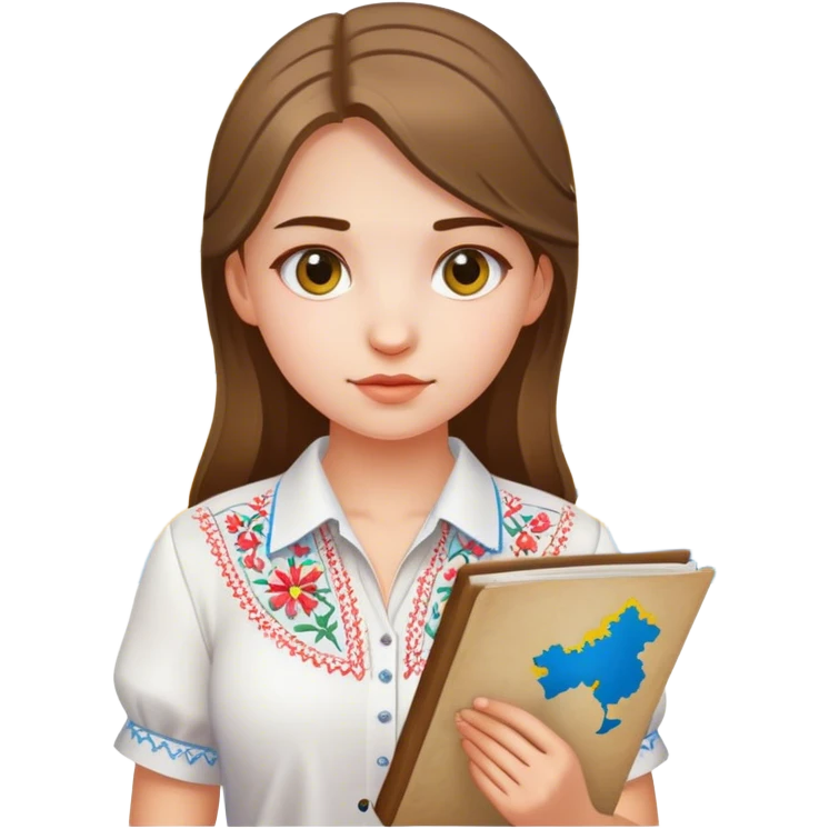 A Ukrainian girl in a white embroidered shirt holds a map of Ukraine emoji