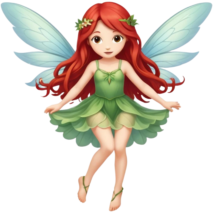 Une magnifique fée mignonne avec  de belles ailes une magnifique robe naturelle avec de très long cheveux roux avec des yeux marrons de belle jambe qui vole  emoji