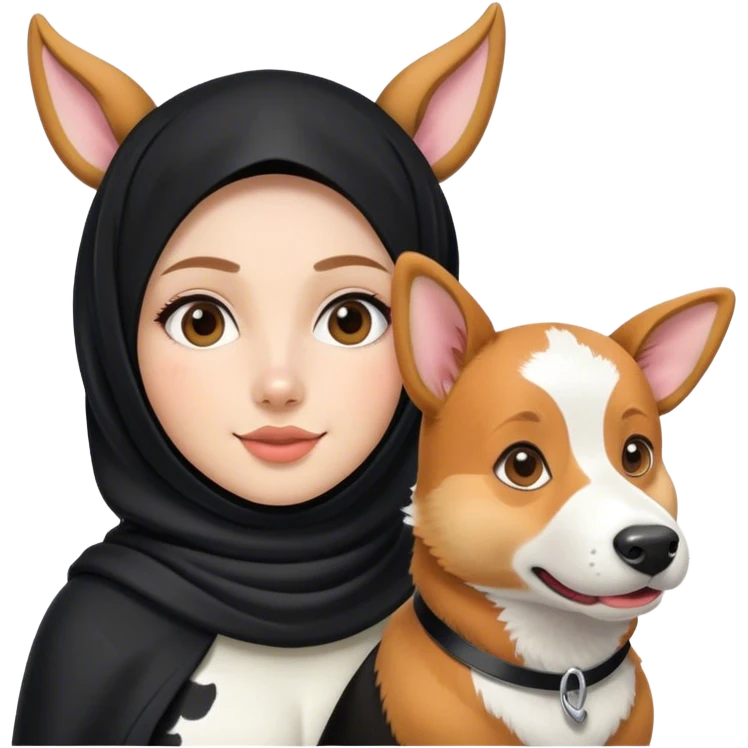 A girl with black hijab, and corgi that wears cow outfit  emoji