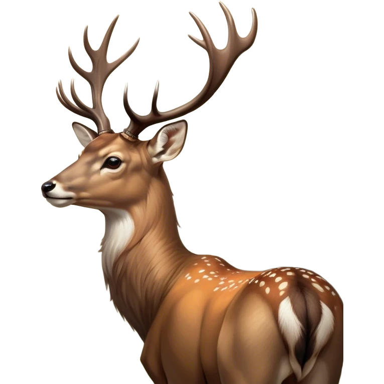 Cinematic Noble Deer Portrait Emoji, Poised and regal, with a graceful, slender build and a dappled coat of warm browns and creams, elegant antlers crowning its head, deep-set soulful gentle eyes, Simplified yet sharp and sophisticated features, highly detailed, glowing with a soft, dignified glow, high shine, intelligent and serene, stylized with an air of forest majesty, focused and attentive, soft glowing outline, capturing the essence of a watchful woodland guardian, so majestic it feels as though it could gracefully leap out of the screen with effortless authority! emoji