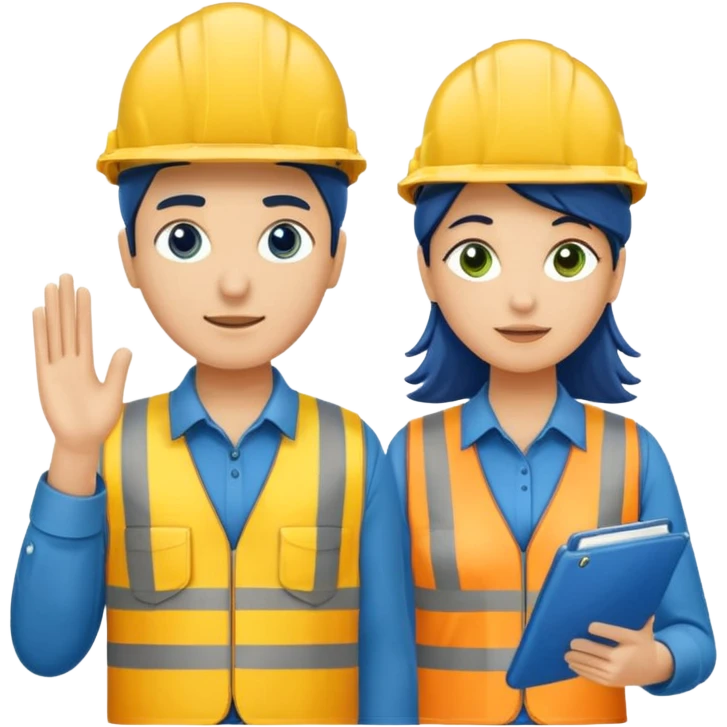 Um homem e uma mulher amarelos com capacete de obras ambos azul escuro e camisa social cinza com faixas refletivas verdes nos braços, Um deles deve estar segurando um megafone de avisos emoji