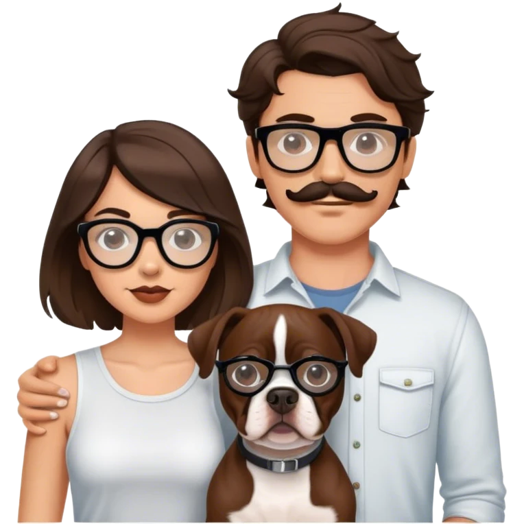 young hip cool couple wavy hair brunette man w wire glasses and mustache and brunette girl with bob and a brown pitbull boston terrier  emoji