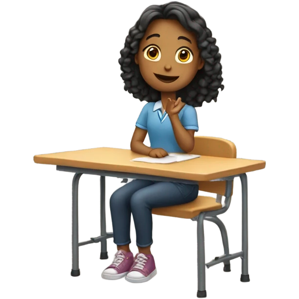 A girl with a raised hand at a desk at school  emoji