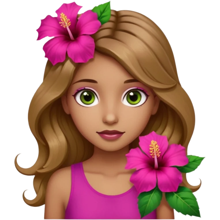 Una ragazza con gli occhi tra il marrone e il verde con gli occhi grandi i capelli lunghi castani quasi biondi lunghi fino alle spalle,poi magra con un top fucsia e uh hibicus sempre fucsia trai capelli  emoji