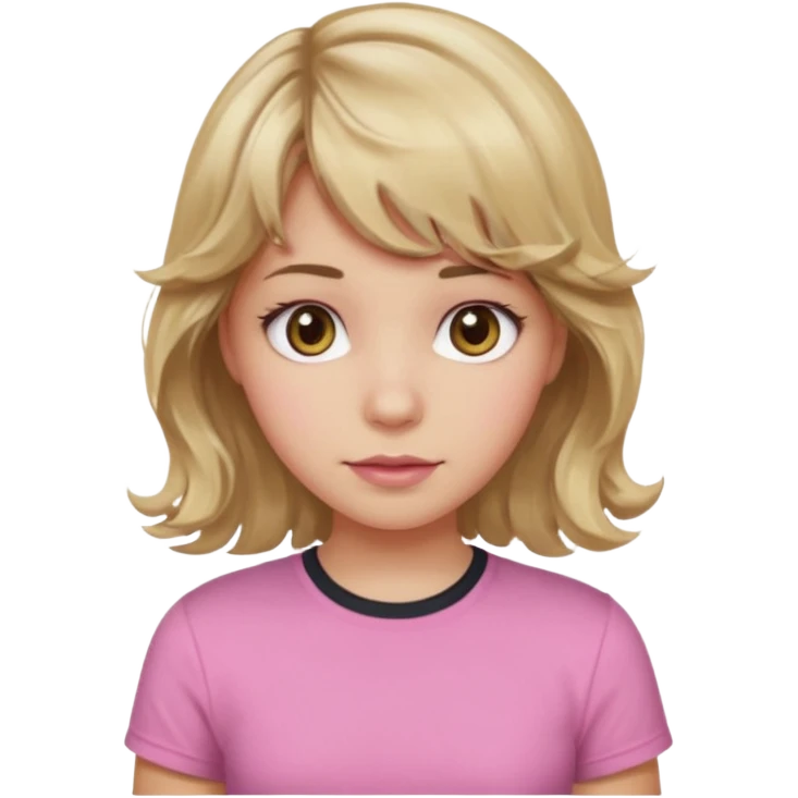 girl with wavy dirty blonde hair and wavy bangs, hazel eyes, white skin, pink cute shirt emoji