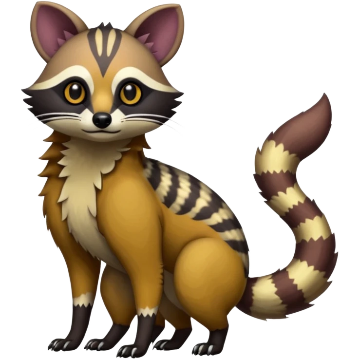 Rare warm-colored exotic edgy epic aesthetic gloomy spooky dark modern colorful cyber-Genet-Trico-Tanuki-Dingo-Civet-species-Fakemon-hybrid-creature, with beautiful intricate markings, full body emoji
