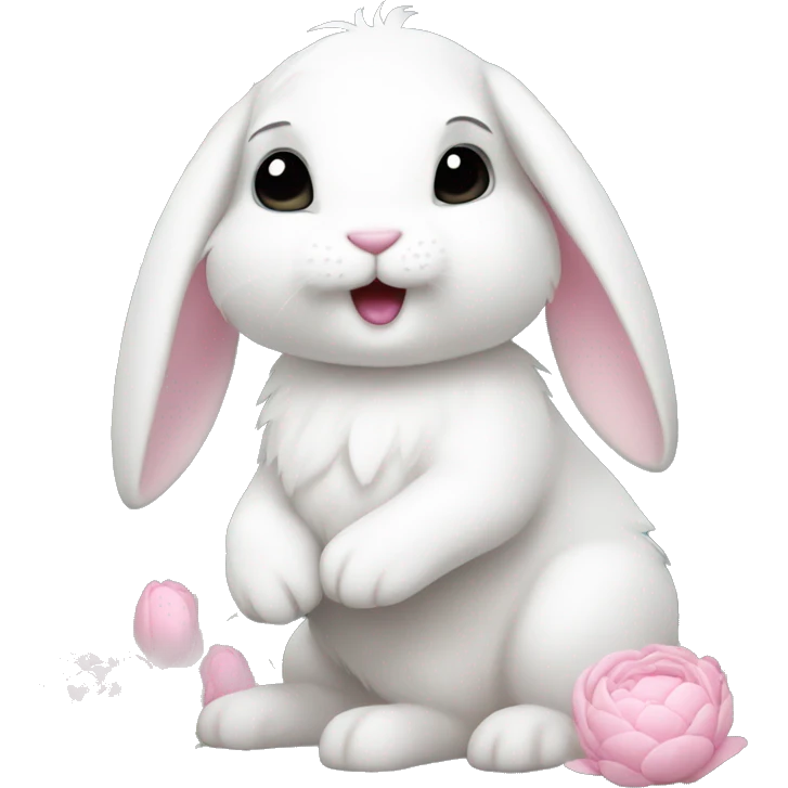 cute white bunny holding light pink peonies emoji