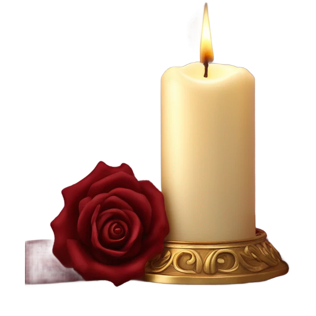 A flickering burgundy candle surrounded by deep red roses and a flowing satin ribbon
 emoji
