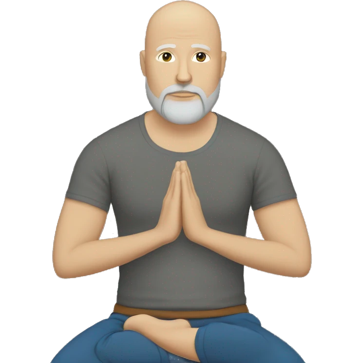 Emoji of bald and brown/grey bearded white man meditating in black tshirt and blue jeans emoji