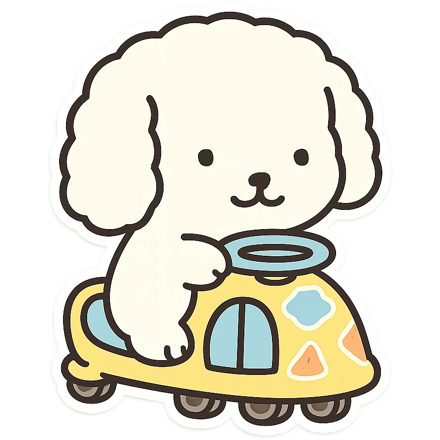 Create a WhatsApp sticker style image by removing the background and leaving only the cute dog in the cart. Add a white border around the dog and cart for a sticker effect. Keep the image clean and focused on the dog in the cart. emoji