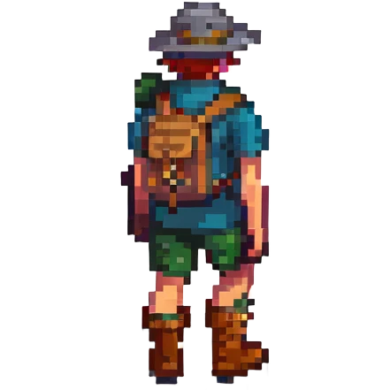 pixel art hiker with a hat and boots walking in nature emoji