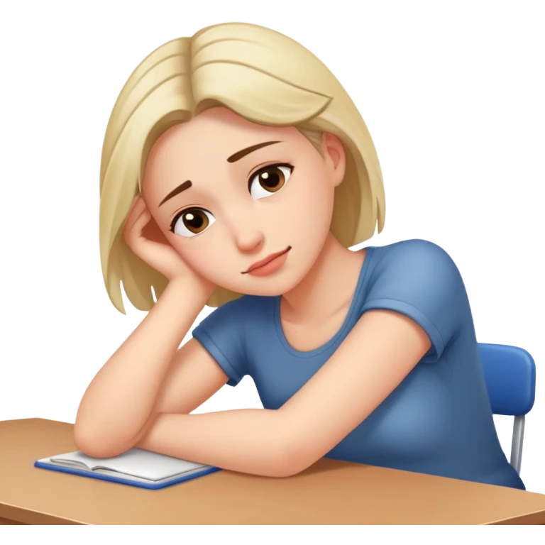 Tired woman with slight smile leaning head on one hand, elbow on desk emoji