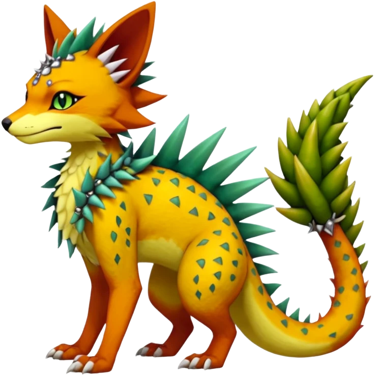 Kawaii cute reddish orangish yellowish greenish exotic tropical beautiful pretty elegant divine edgy feline-vernid-sergal-Fakémon-Pokémon-Digimon-fursona-animal-creature with accessories, jewelries, full body, with intricate detailed markings, spikes, furs, fins, scales, spiny emoji