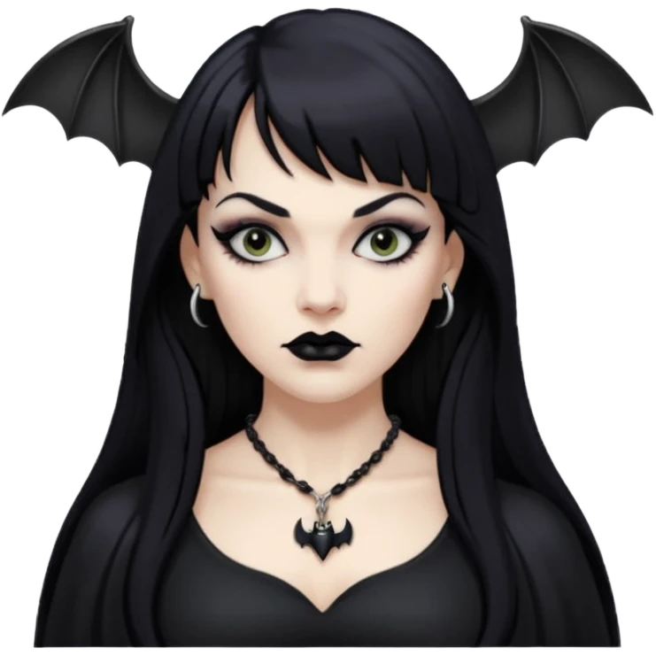 vampira mulher branca com cabelo preto longo com franja na testa, sobrancelha grossa e lábios com batom preto com colar preto e pingente de morcego preto emoji