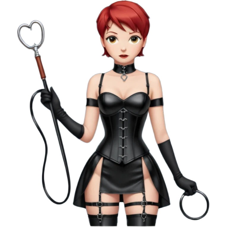 mistress, ragazza dominante, capelli rossi corti, sguardo serio, corsetto in pelle nero lucido, minigonna in latex, frusta in mano, guanti lunghi neri, calze autoreggenti nere, tacchi alti, schiavo con collare e guinzaglio legato alla mano della ragazza emoji