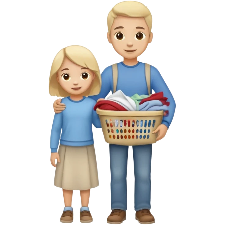 child carrying laundry with a parent, happy and responsible emoji