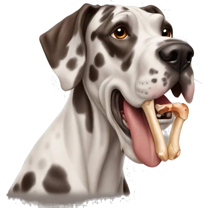 Great Dane spotted with brownish red color holding bone in mouth emoji