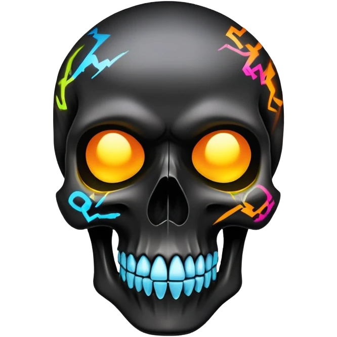 sleek black skull with electric graffiti designs and high-end fashion logos, dramatic three-quarter view emoji