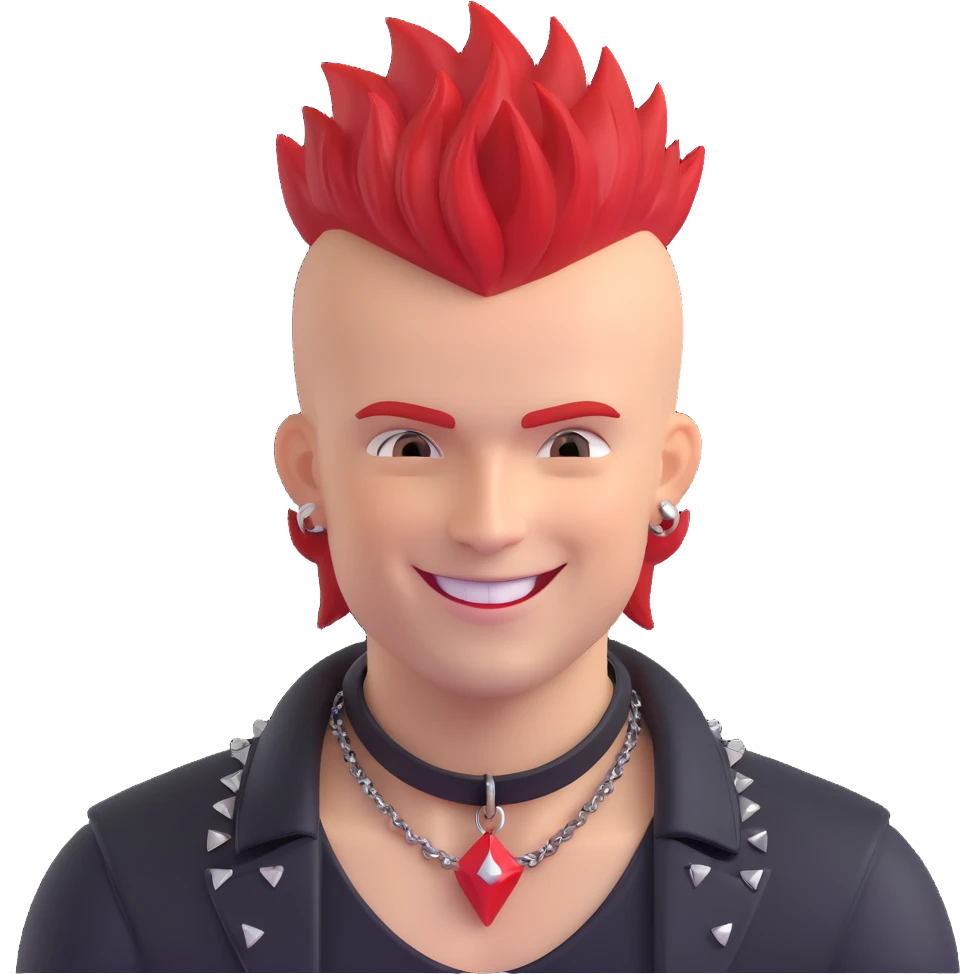 white man rock singer with red mohawk hair, studded leather necklace, rebellious style, smiling emoji