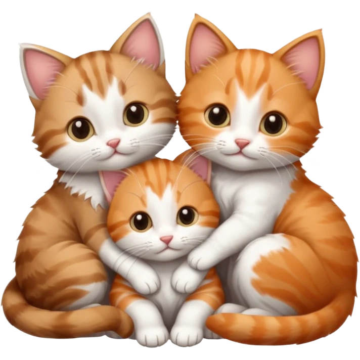 3 kittens cuddling together all different colours, the first one is grey and white, the second is ginger and white and the third is brown tabby and white emoji